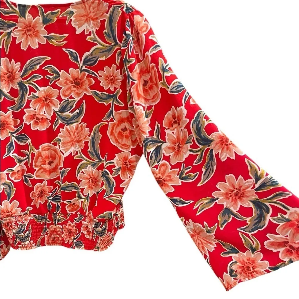 For The Republic Blouse Floral Red Women Bell Sleeve Wrap Smock Waist - Image 2