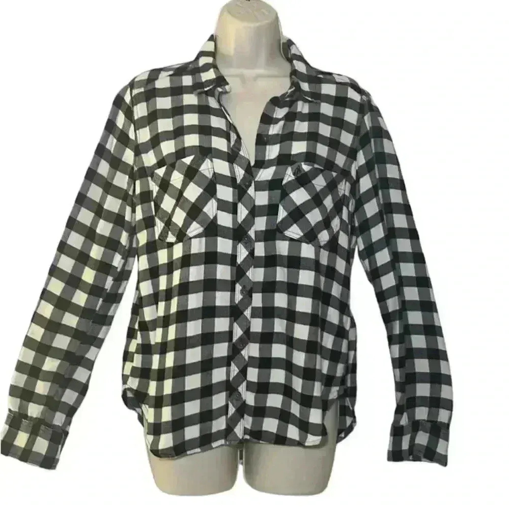 Abercrombie and Fitch Plaid Flannel Shirt Black White Medium - Image 2