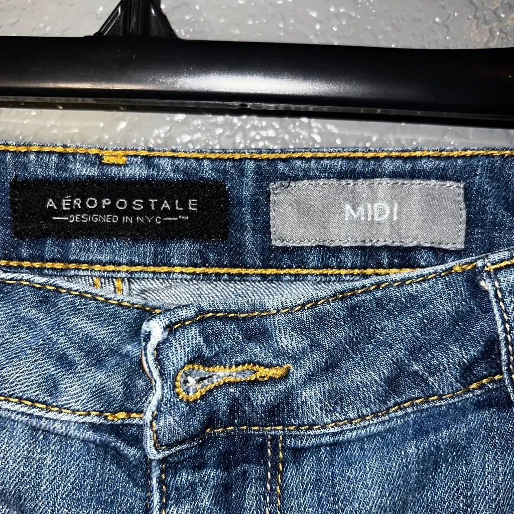 Aeropostale Women’s Midi Denim Shorts Size 12 Distressed Cuffed Jean Cutoff Blue - Image 2