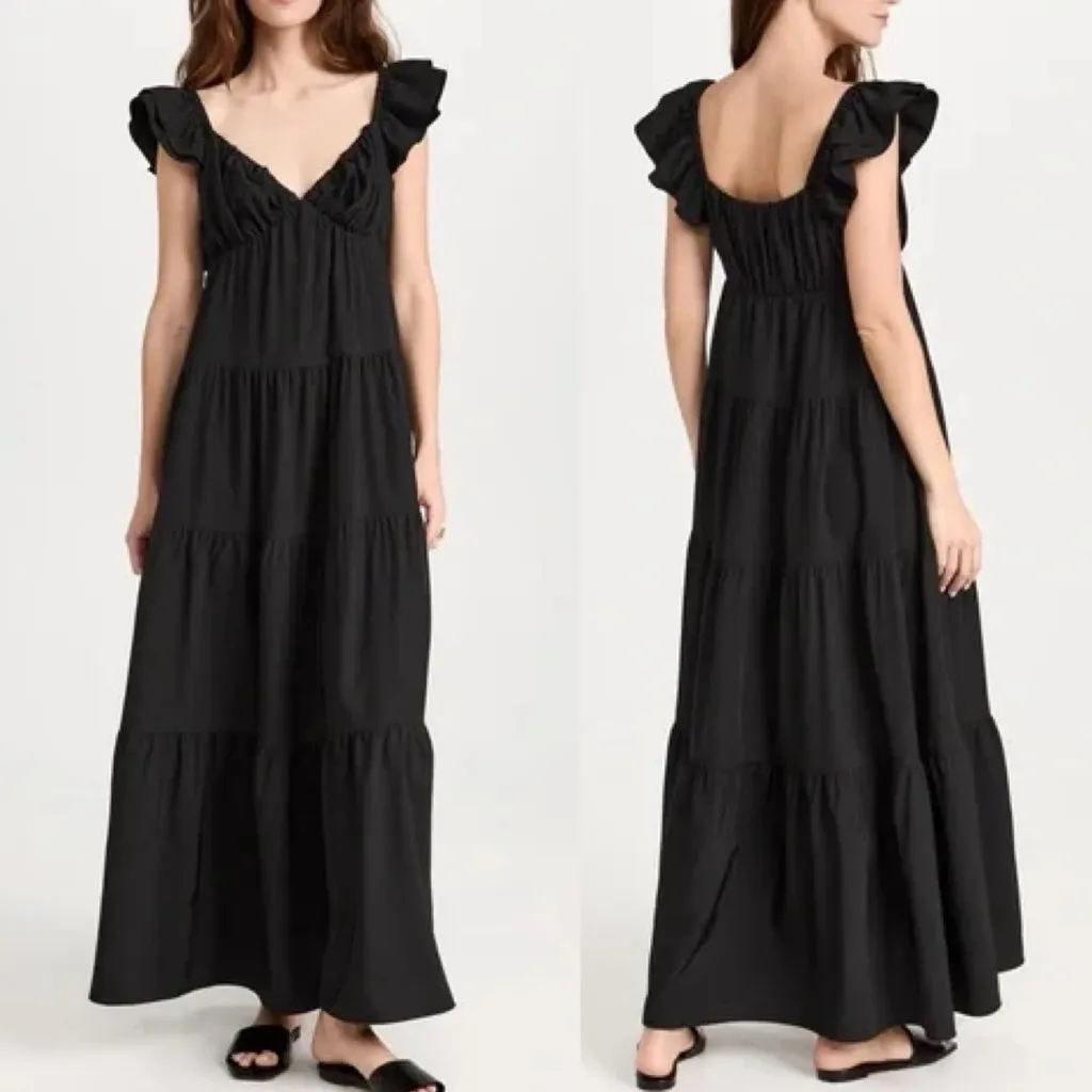 English Factory Black Tiered Maxi Dress Flutter Sleeve Poplin Sz Large - Image 2