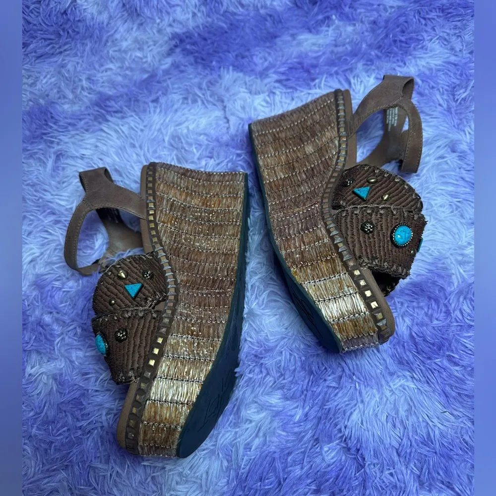 OTBT Leather Brown & Turquoise Chunky Cahoot Espadrille Platform Wedge Sandals - Image 3