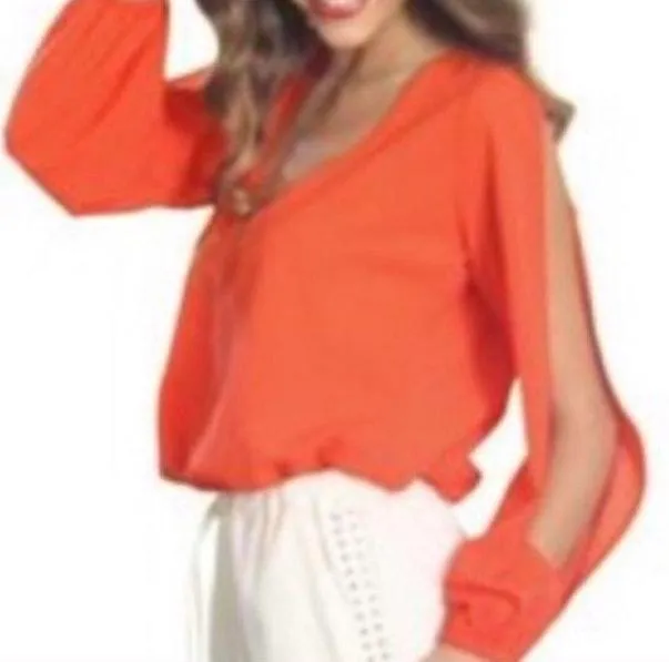 Revolve Neon Orange Split Sleeve Sheer Blouse Top - Image 2