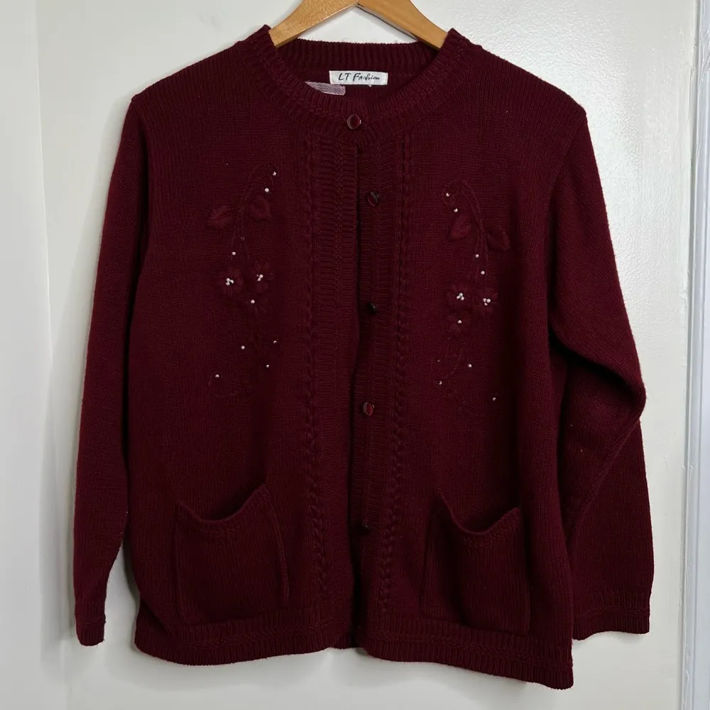 VTG Cardigan Sweater Maroon floral tonal embroidery Pearl bead details Grannycor Size undefined - Image 1