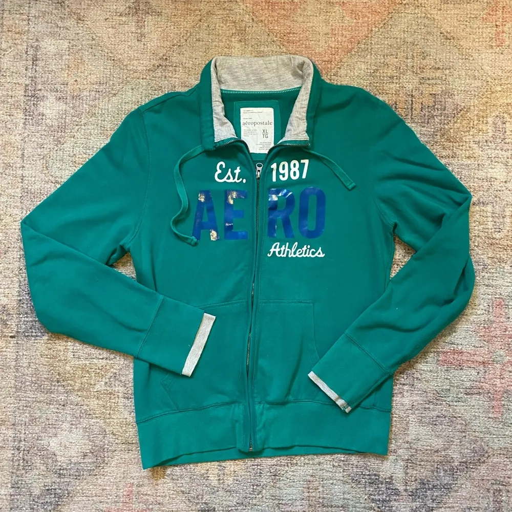 Aeropostale Zip Up Screen Print Sweatshirt with Raw Cuff - Image 2