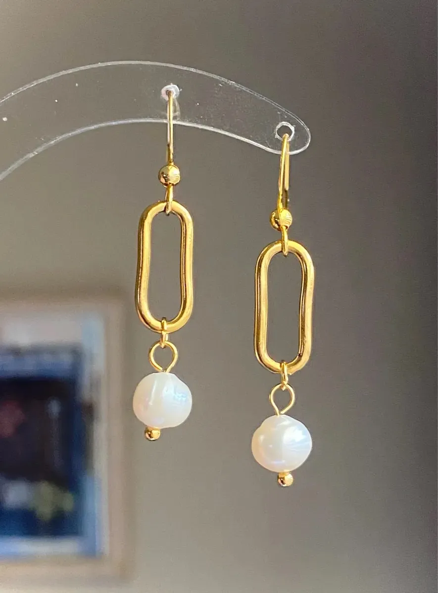 Handmade gold tone stainless steel natural shell pearls chic fairy boho vintage style dangle earrings💖 - Image 3
