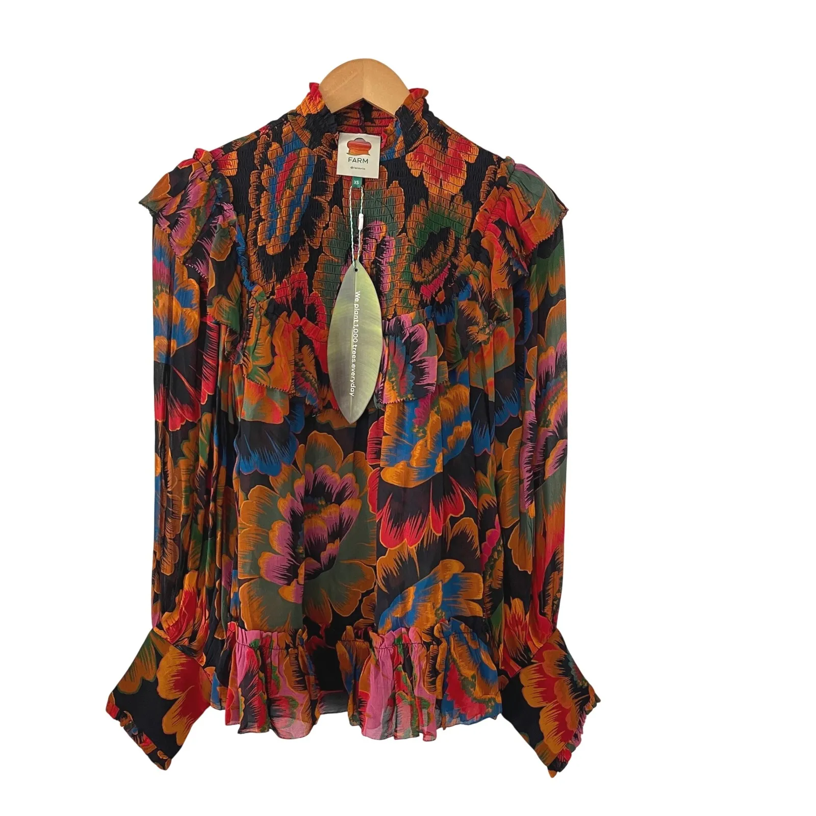FARM Rio Colorful Flowers Smocked Ruffle Trim Long Sleeve‎ Blouse Top XS - Image 2