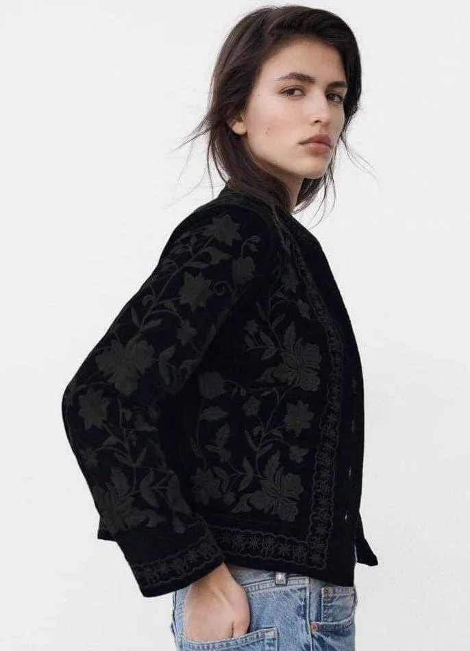 ZARA Black Velvet Embroidered Kimono Jacket - Image 5