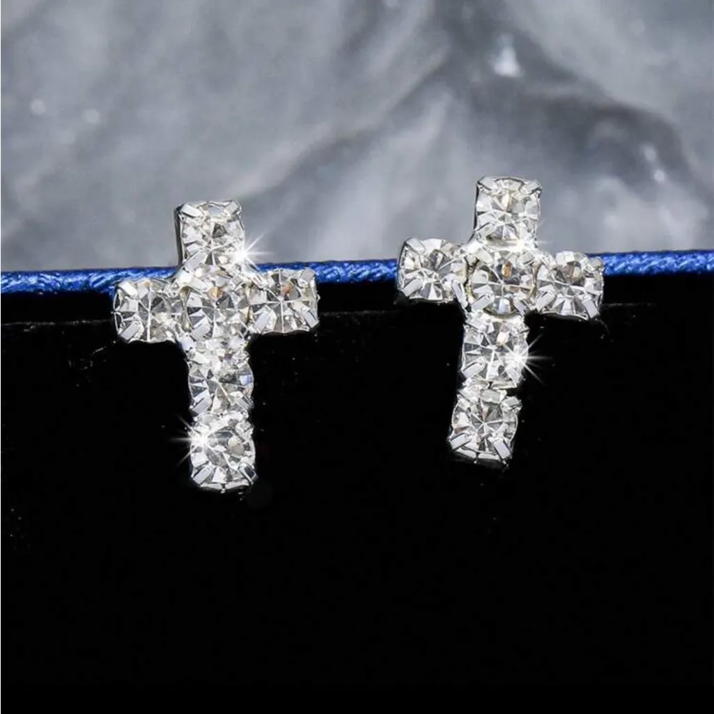 Sparkling Silver Cross Earrings - Image 4