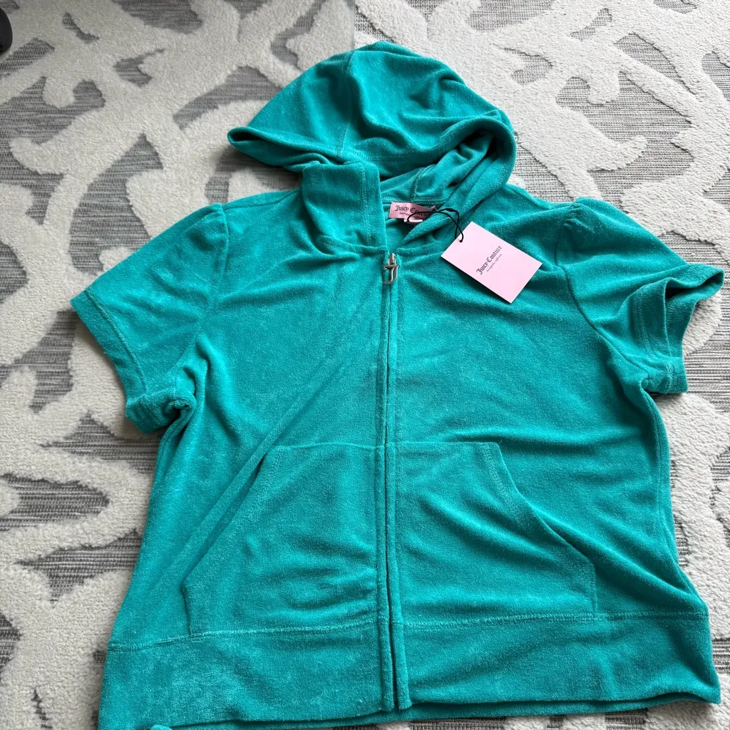 Juicy Couture Logo Terry Hoodie And Shorts 2pc Set in Coastal Teal Side XLarge - Image 4