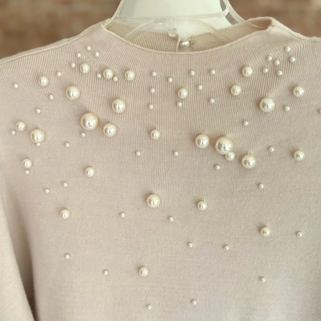 Catherine Malandrino Pearl Sweater Beige Knit Short Sleeve Dolman XS Soft Mock - Image 2