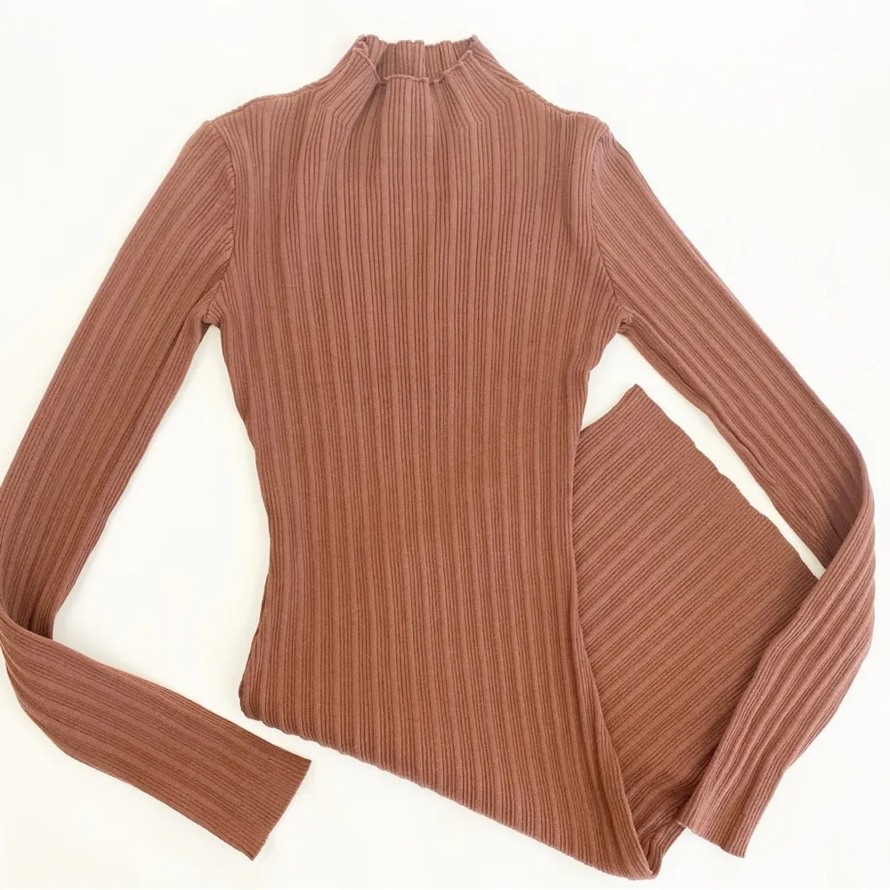 Naked Wardrobe Long Sleeve Mock Neck Ribbed Bodycon Mini Dress: Rust Brown - Image 4