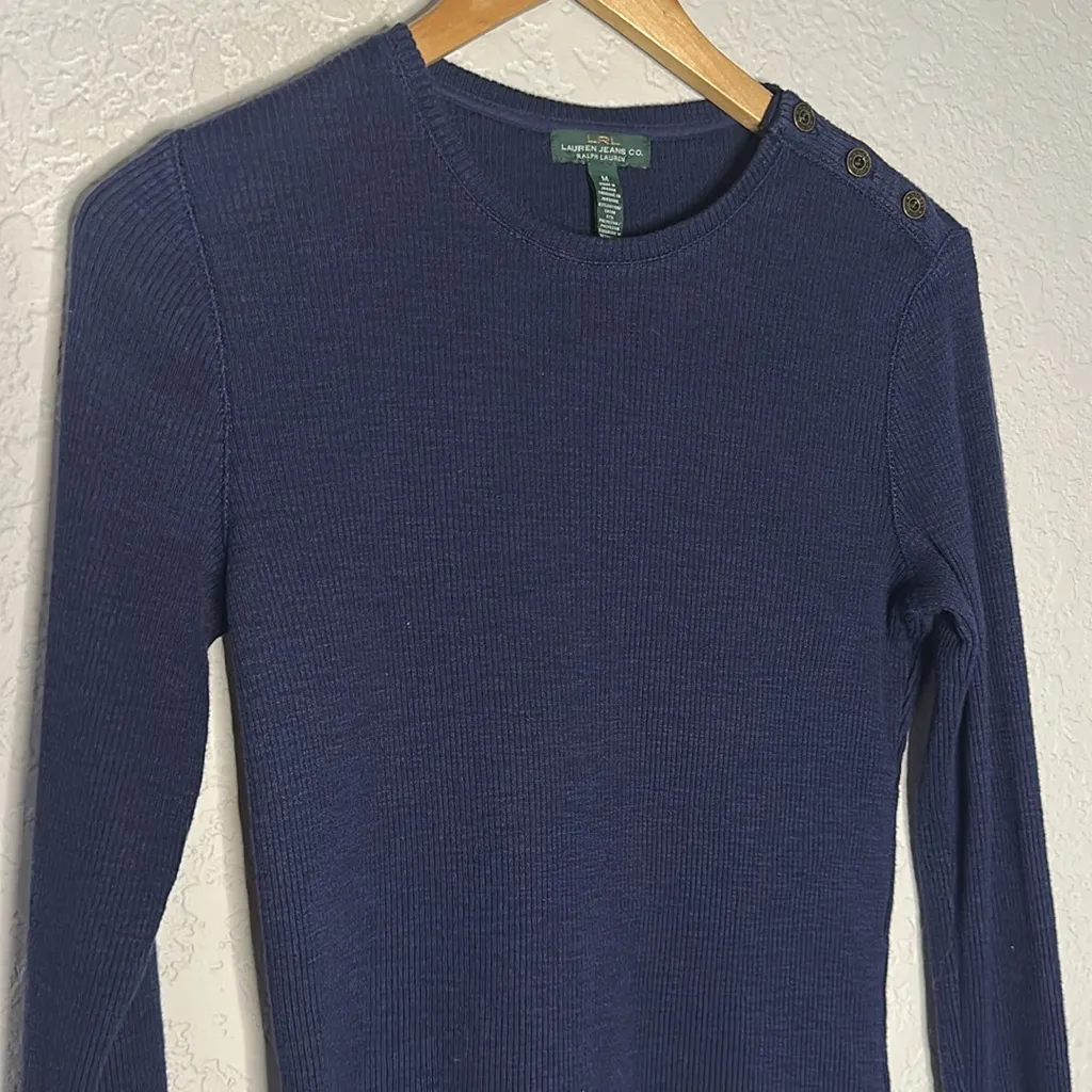 LRL Ralph Lauren Jeans Co Navy Blue Long Thermal Top Brass Logo Buttons Preppy - Image 2