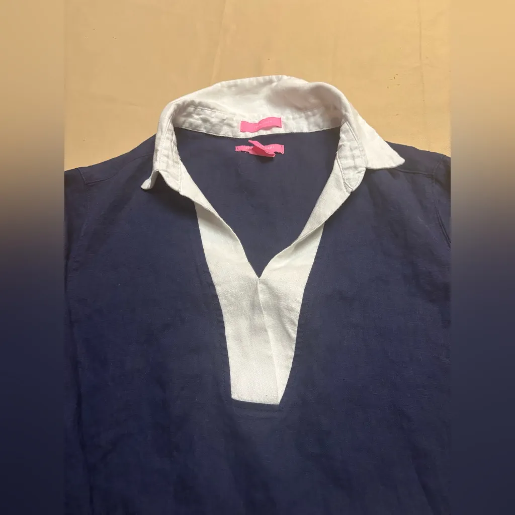 Isaac Mizrahi 100% Linen Womens Sz M V-Neck Blouse Tunic Navy Blue White Trim - Image 12