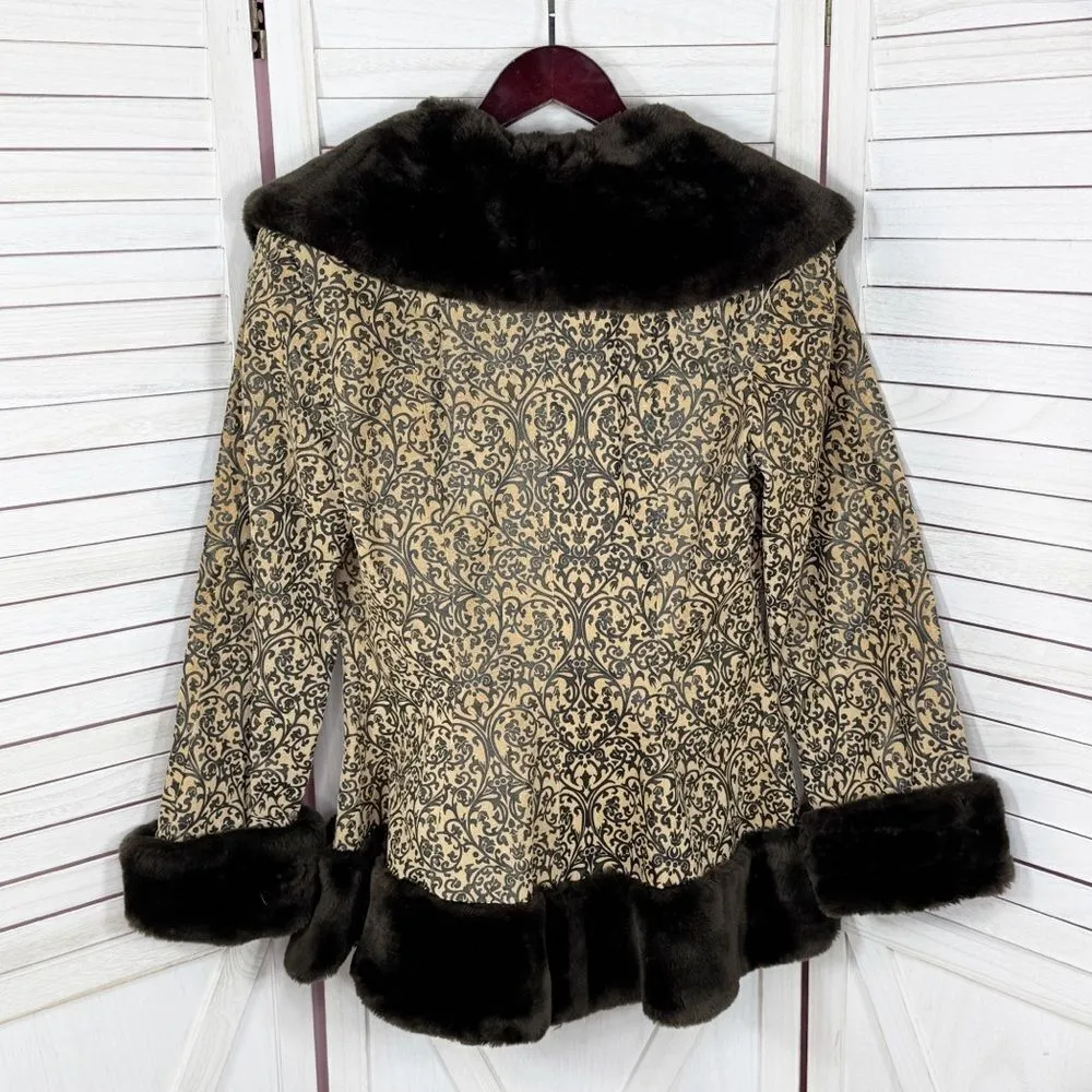 Newport News Vintage Embossed Faux Fir Trim Leather Princess‎ Swing Coat Small - Image 10