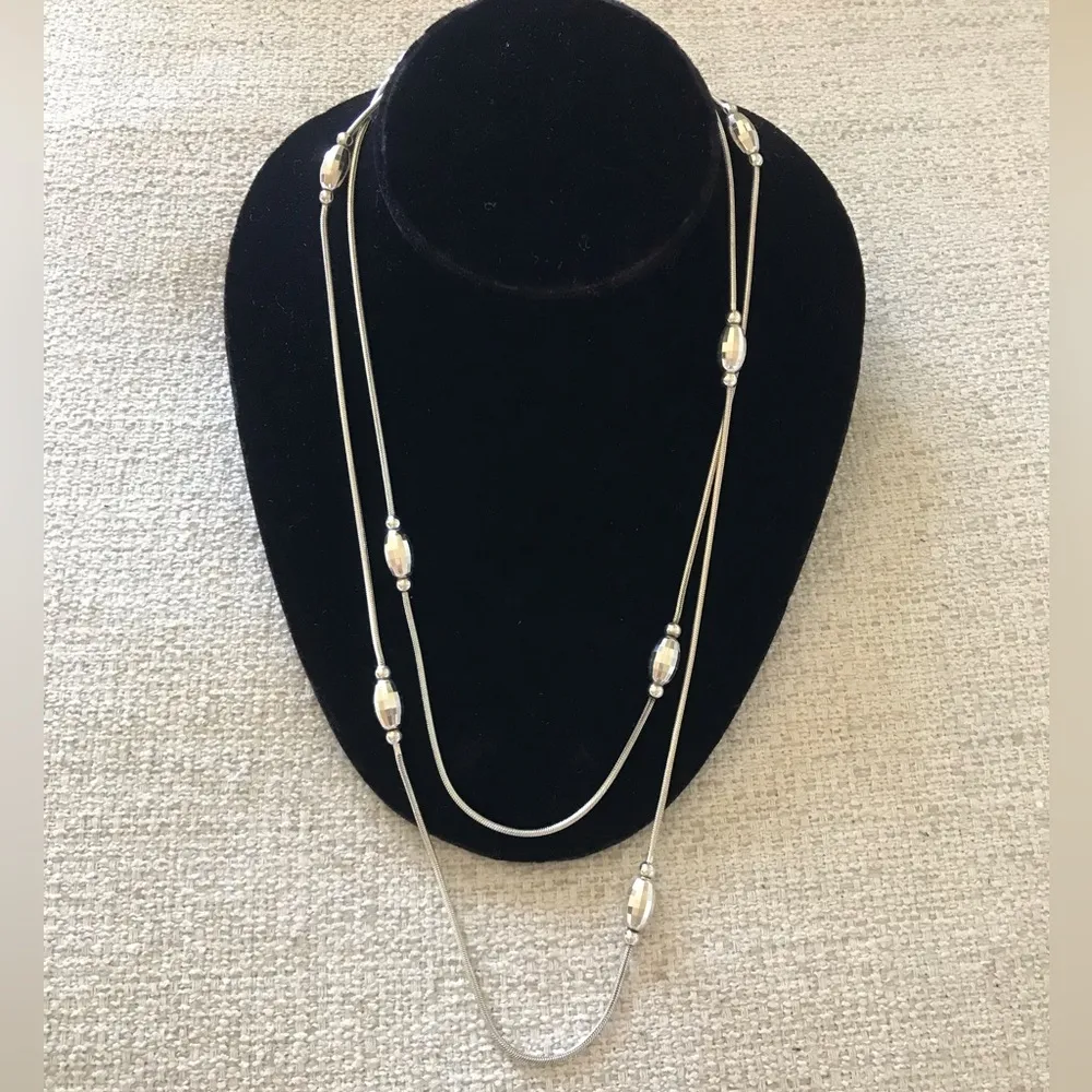 Sterling Silver Long Barrel Disco Ball Beaded Chain Necklace - Image 2