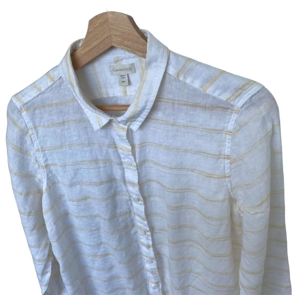 Garnet Hill Women's Petite M Striped Linen Blouse Multicolor Long Sleeve - Image 3