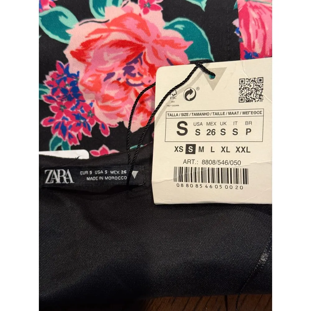 NWT ZARA Floral Cropped Top Plunging Neck Puff Half Sleeves S Black Pink Purple - Image 9