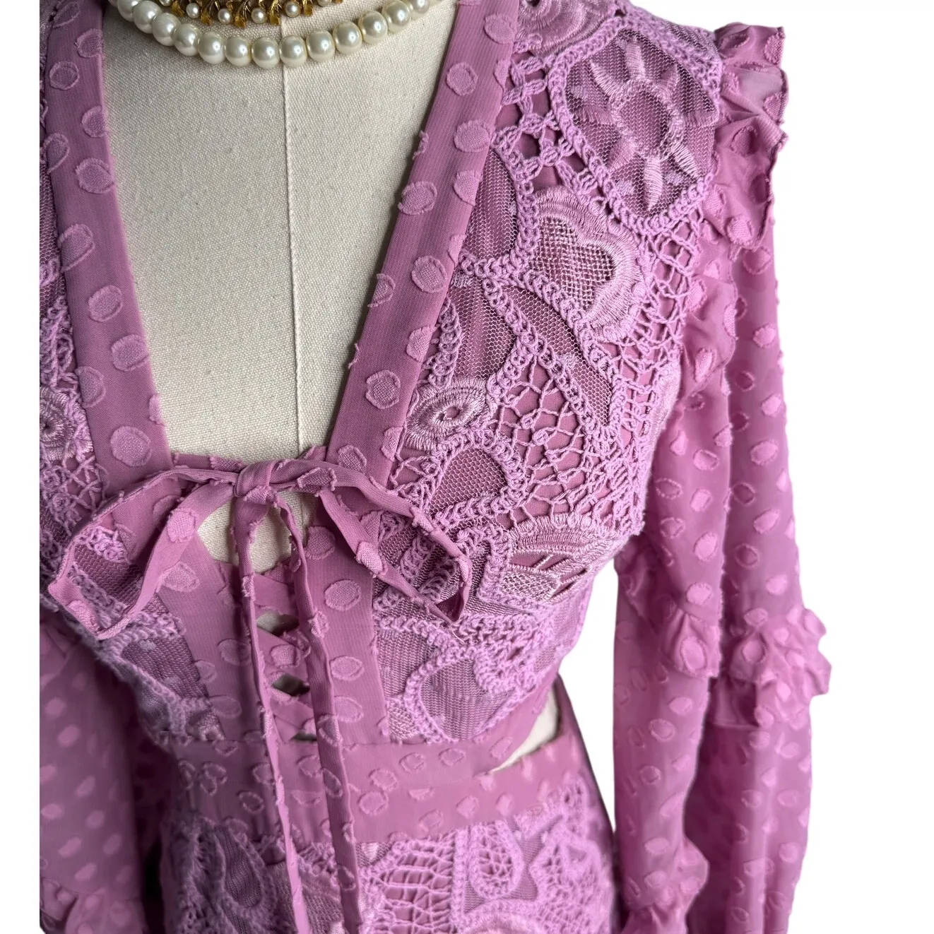 Alexis Zendaya Lace Crochet Cut Out Long Sleeve Dress Lilac Macrame size XS - Image 7
