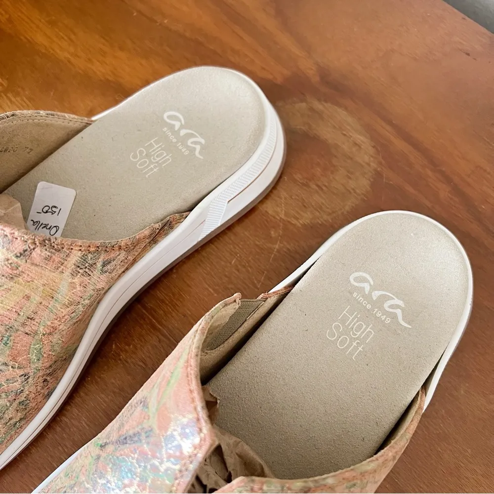 Ara • Onella Sport Slide mule sandals slip on leather comfort palm leaf print Orange Size 7 - Image 4