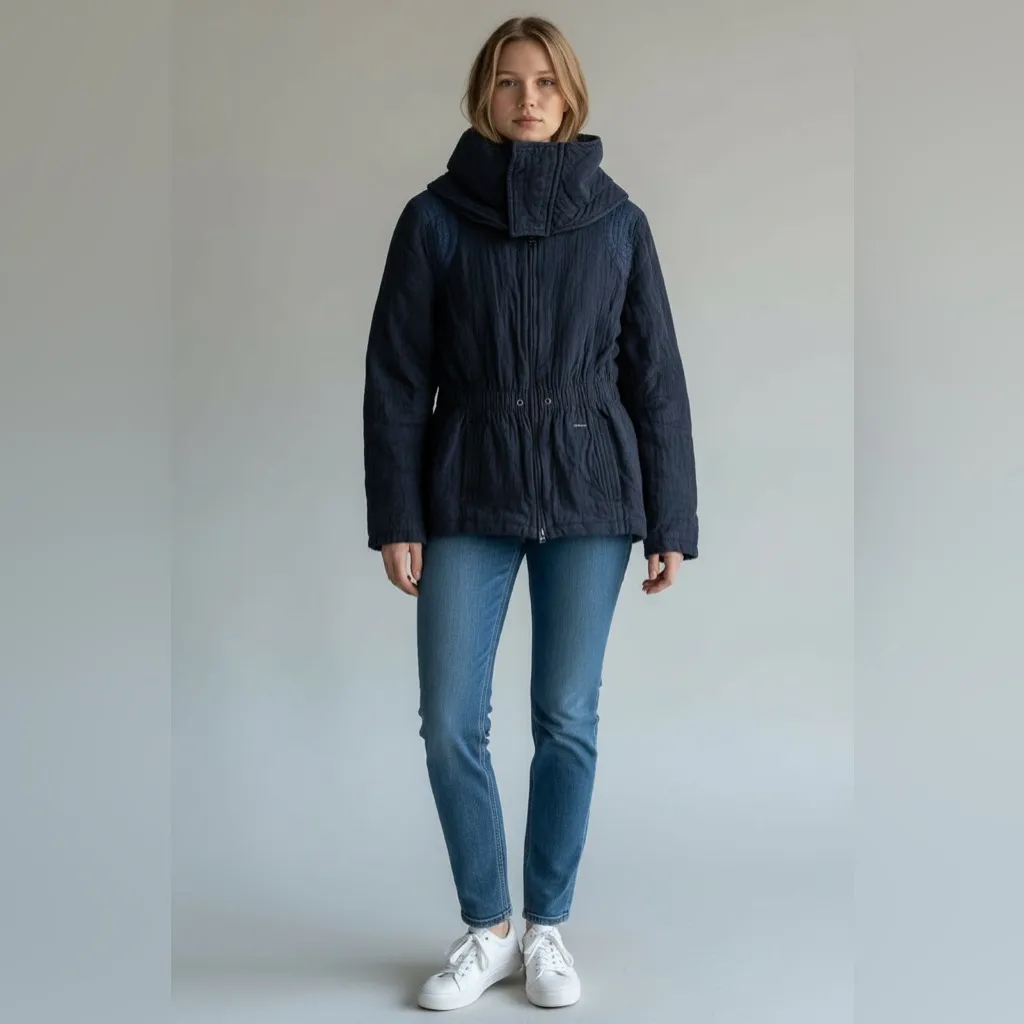 RARE Vintage 90s Diesel women’s moto cotton denim blue quilt parka coat jacket S - Image 4