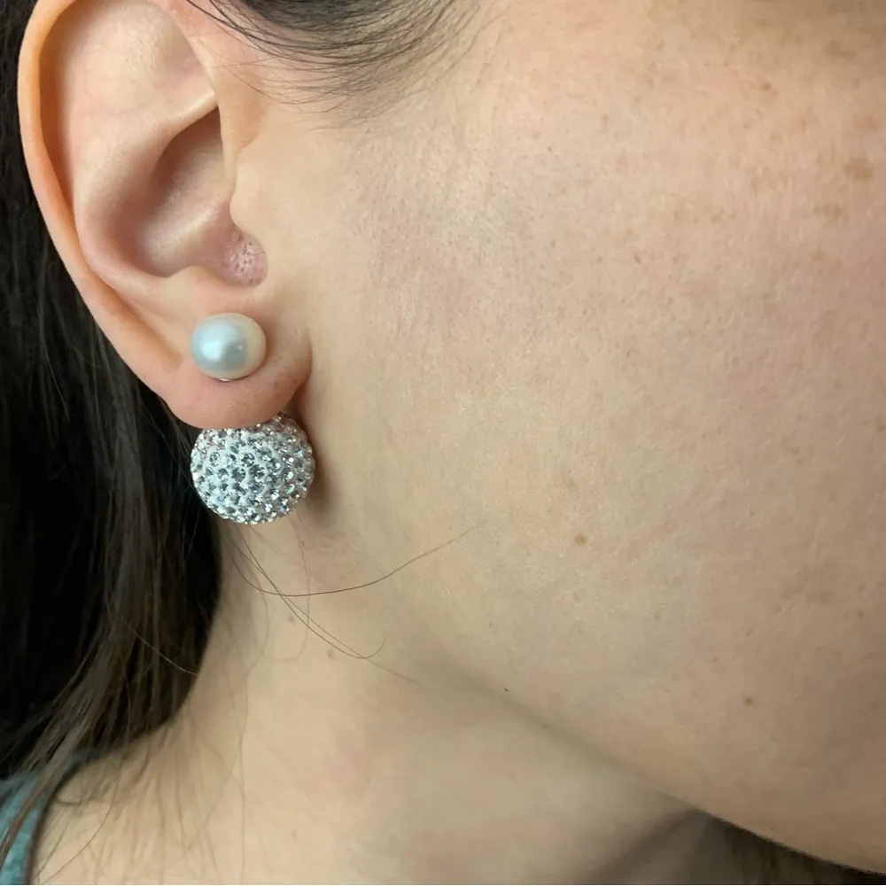 White Double Pearl Earrings Sterling Silver Made With Swarovski crystal Bridal - Image 6