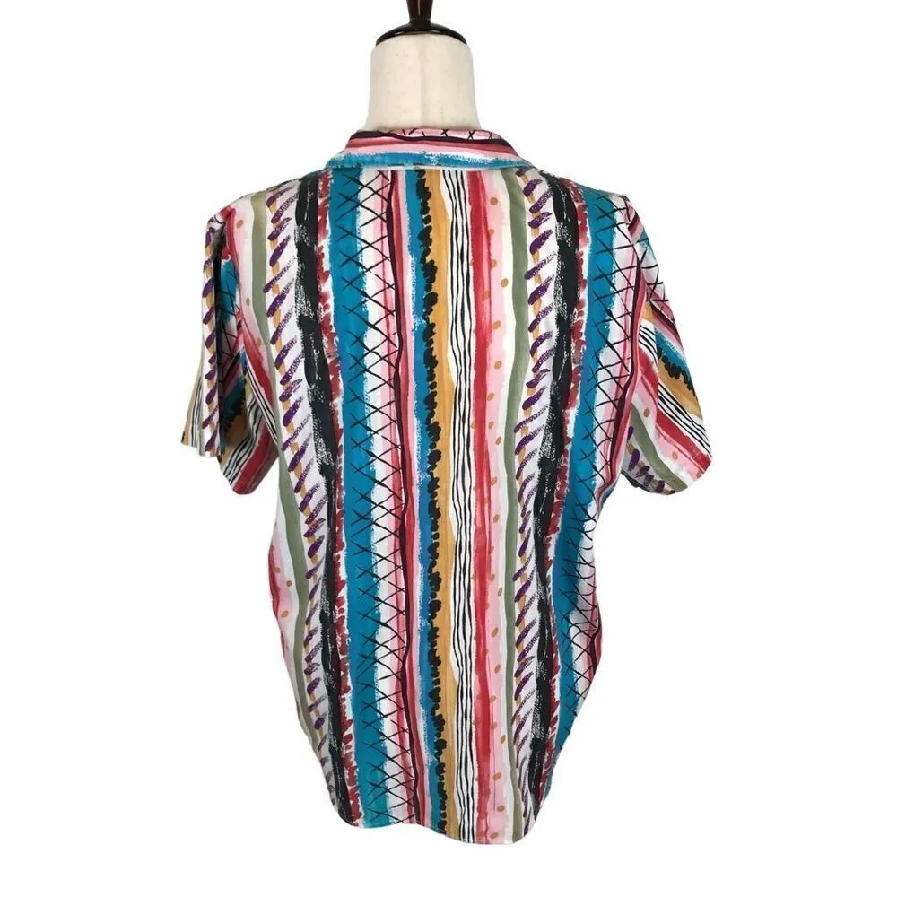 Vintage Oak Hill 1980s multi color “painted”look button up shirt M/L* White Size M - Image 6