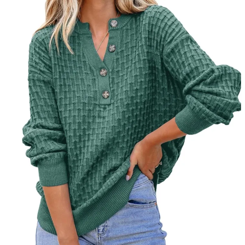 Dokotoo Women’s Casual Long Sleeve Henley V Neck Textured Button Sweater. Size S Green - Image 1
