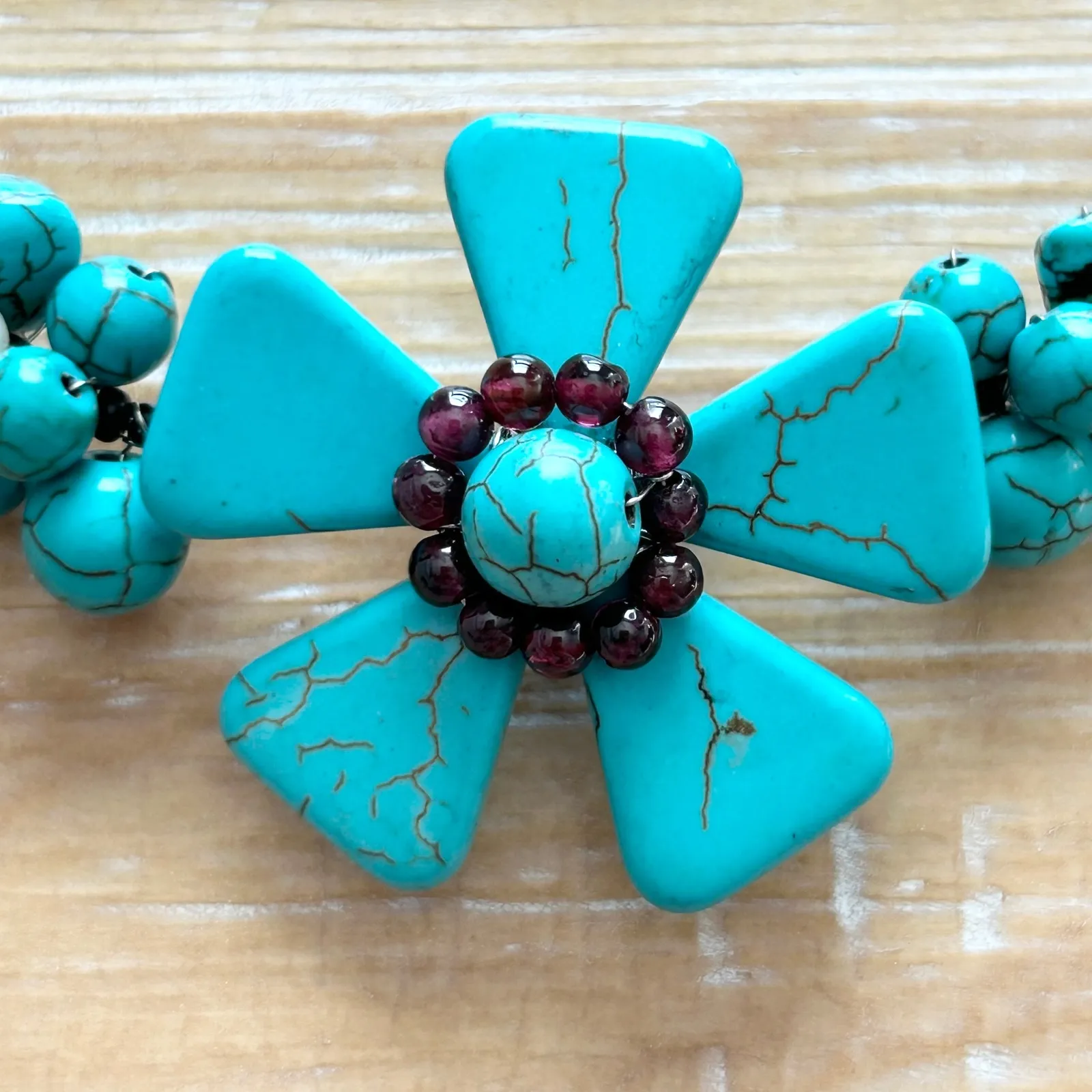 Faux Turquoise Flower Beaded Choker Necklace Boho Statement Gemstone Black - Image 5