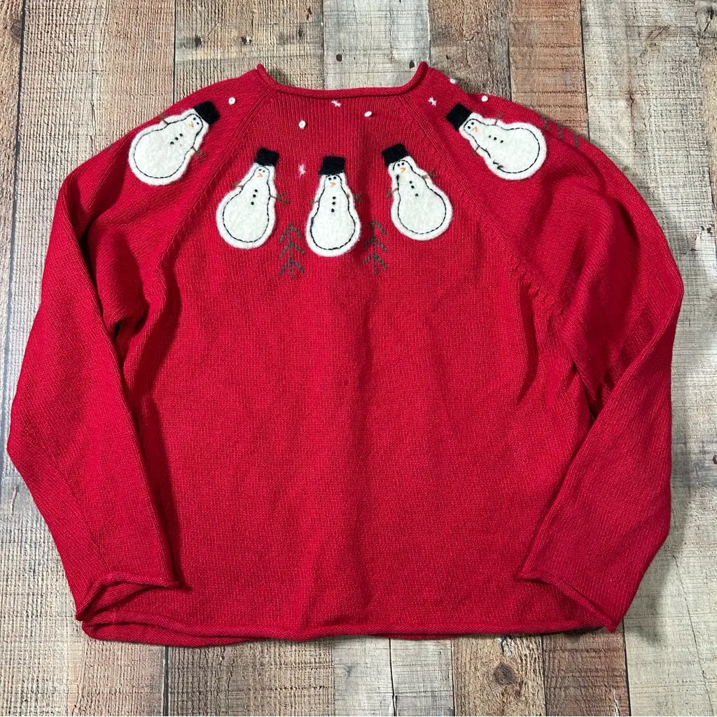 Susan Bristol Vintage Snowman Cardigan Sweater PL Red Embroidered Appliqué Large - Image 5