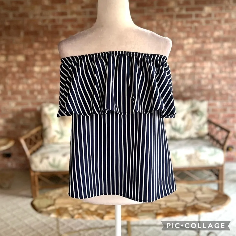 Sherosa Top Off the Shoulder Striped Flounce Blue M Boho Chic Party Nautical Mod Size M - Image 2