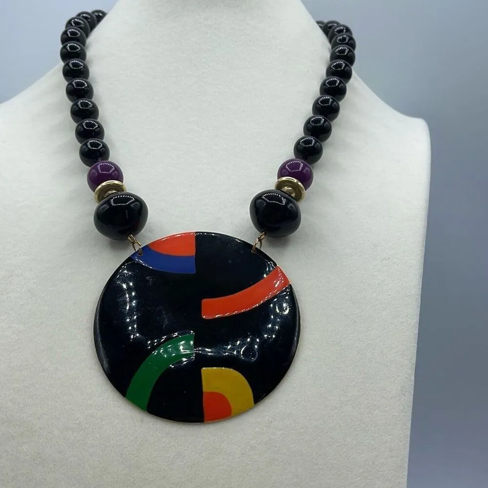 Vintage enamel disk beaded necklace. Black - Image 4
