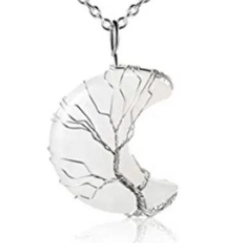 CLEAR Quartz Crystal Tree of Life Wire Wrapped Crescent Moon Pendant Necklace Silver - Image 2