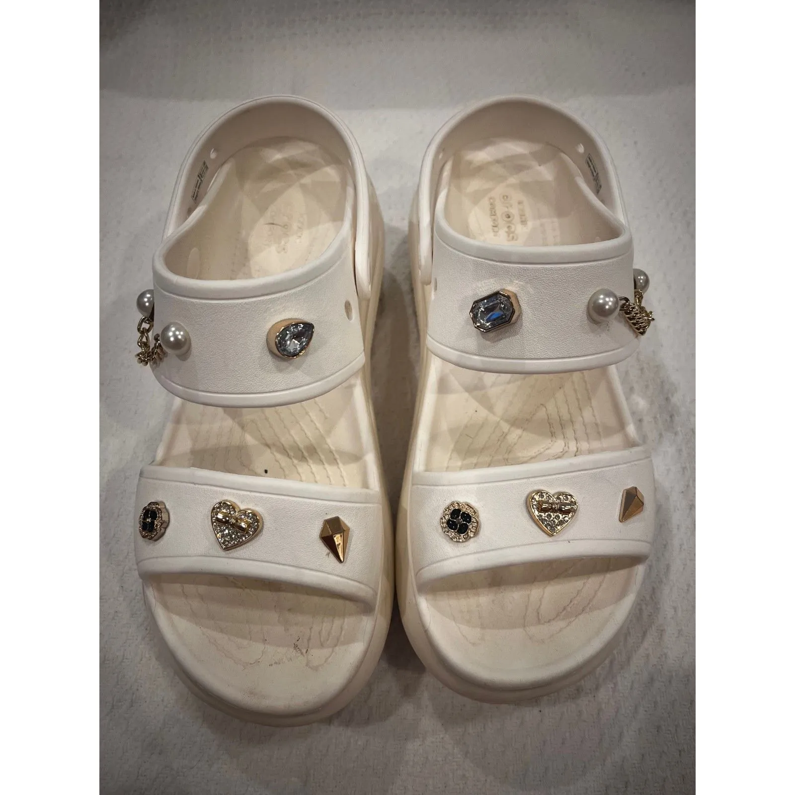 Crocs White Platform Chunky Tread Slides with Gem Charms Women’s Size 10 - Image 2