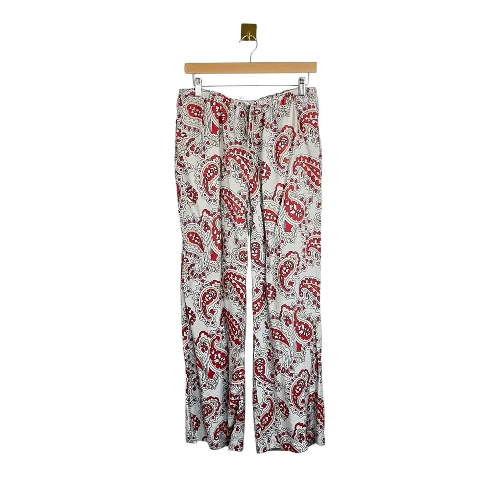 H&M High Rise Wide Leg Paisley Pull On Pants in White/Red Size M - Image 3