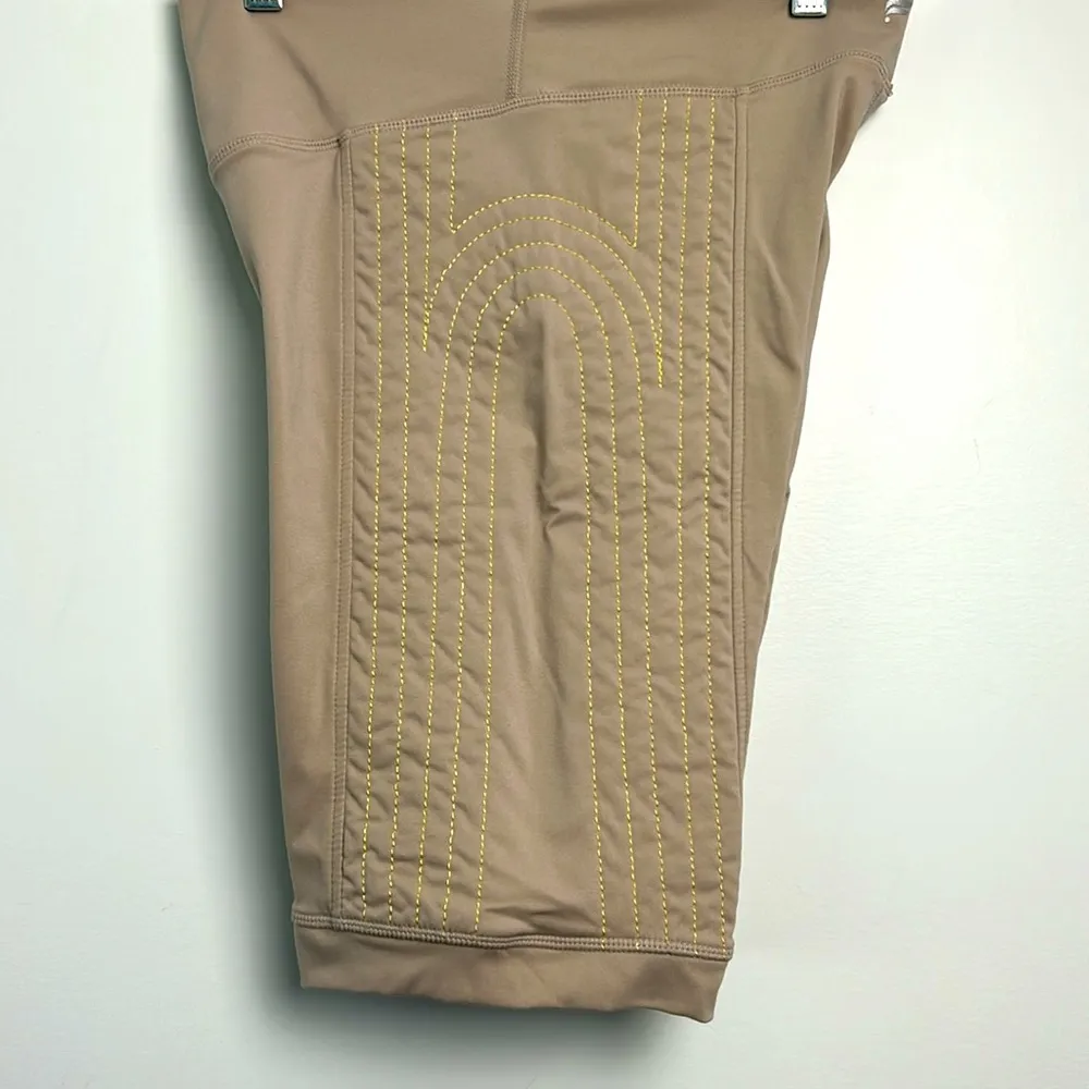 Fabletics| Tan Athletic Bike Shorts with Yellow Stitching on Side 9” sz Medium - Image 5