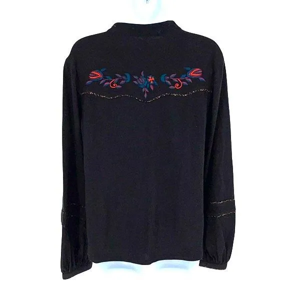 Free‎ People Womens Sundance Embroidered Floral Long Sleeve Henley Top Black XS - Image 3