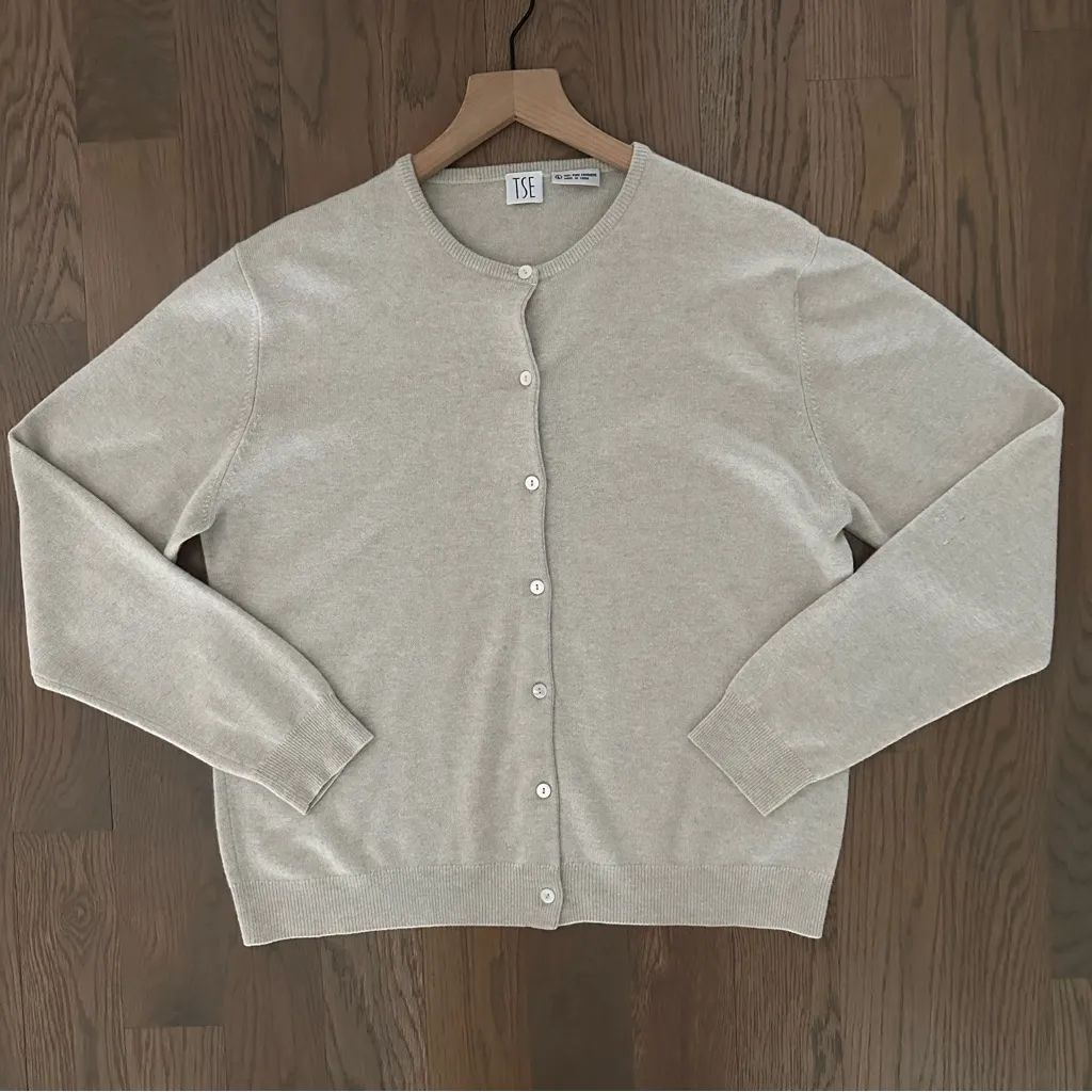 TSE 100% Cashmere Button Front Crew Neck Cardigan Sweater Heather Oatmeal Large - Image 8