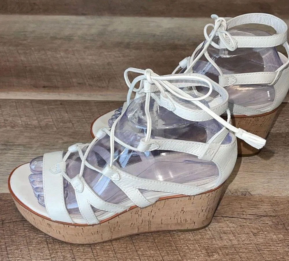 Frye Womens Heather Lace Up Tassel Cork Wedge Gladiator Sandals White Tan Size 6 - Image 3