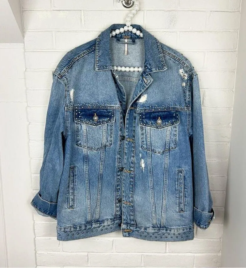 Free People  Oversized Studded Distressed Denim Trucker Jacket Size S - Image 5