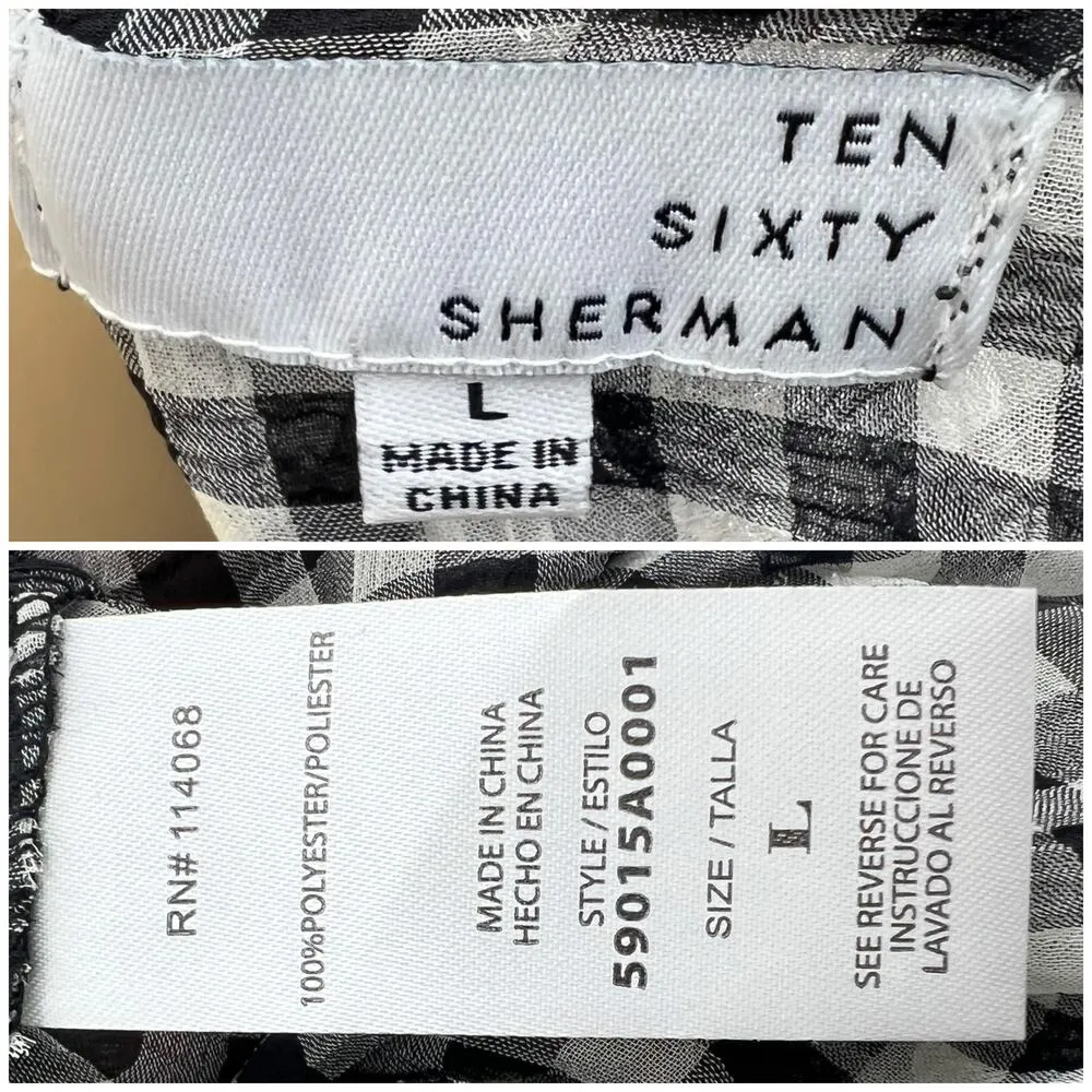 Ten Sixty Sherman LARGE Black White Sheer Gingham Plaid Cold Shoulder Top - Image 5
