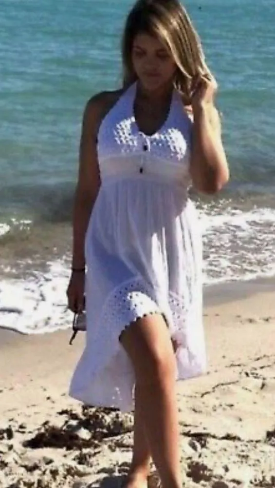SeaSpice Resort White Crochet Peruvian Cotton Halter Beach Summer Dress - Image 8
