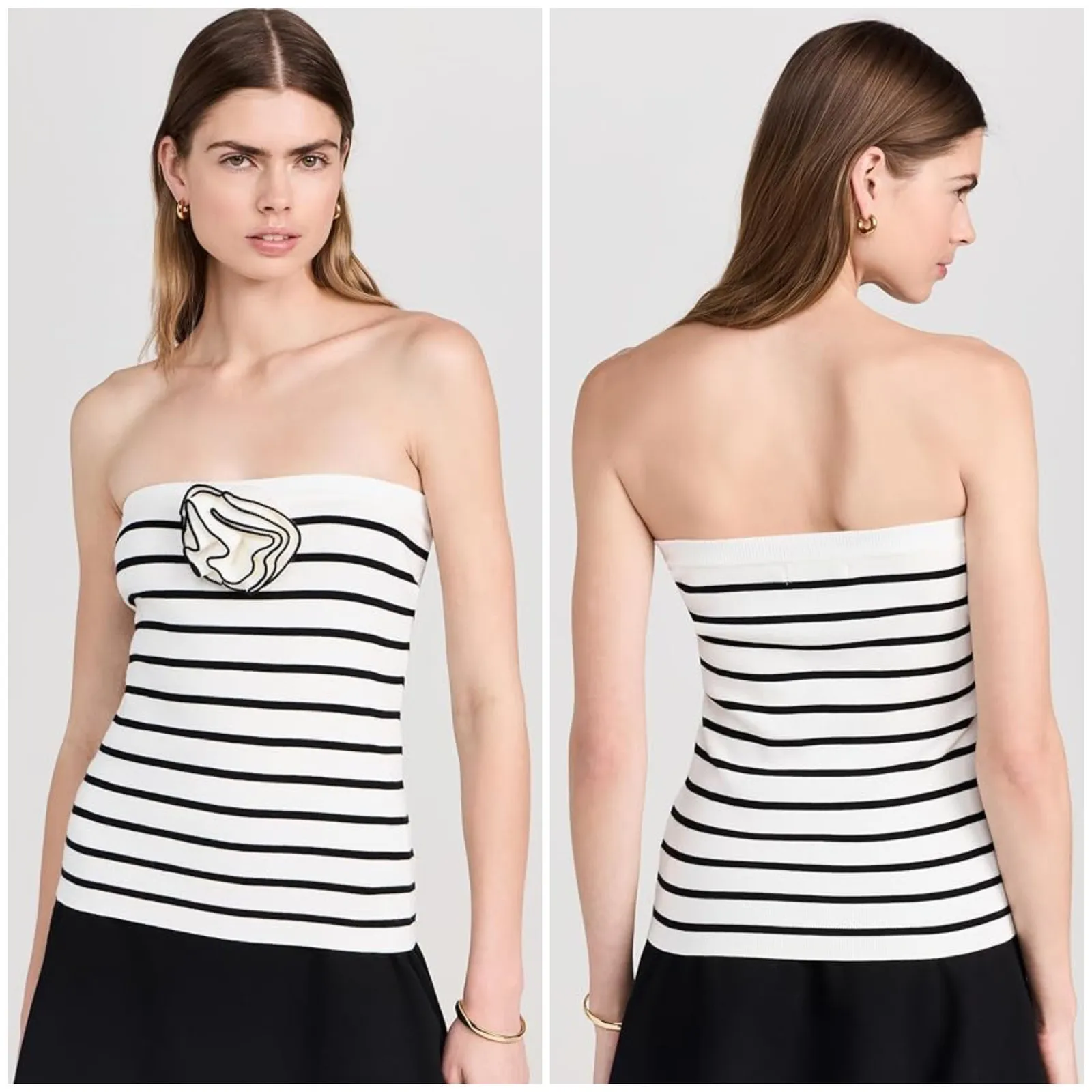 English Factory Women's Striped Tube Top Rosette Flower Size Small Cream Black - Image 2