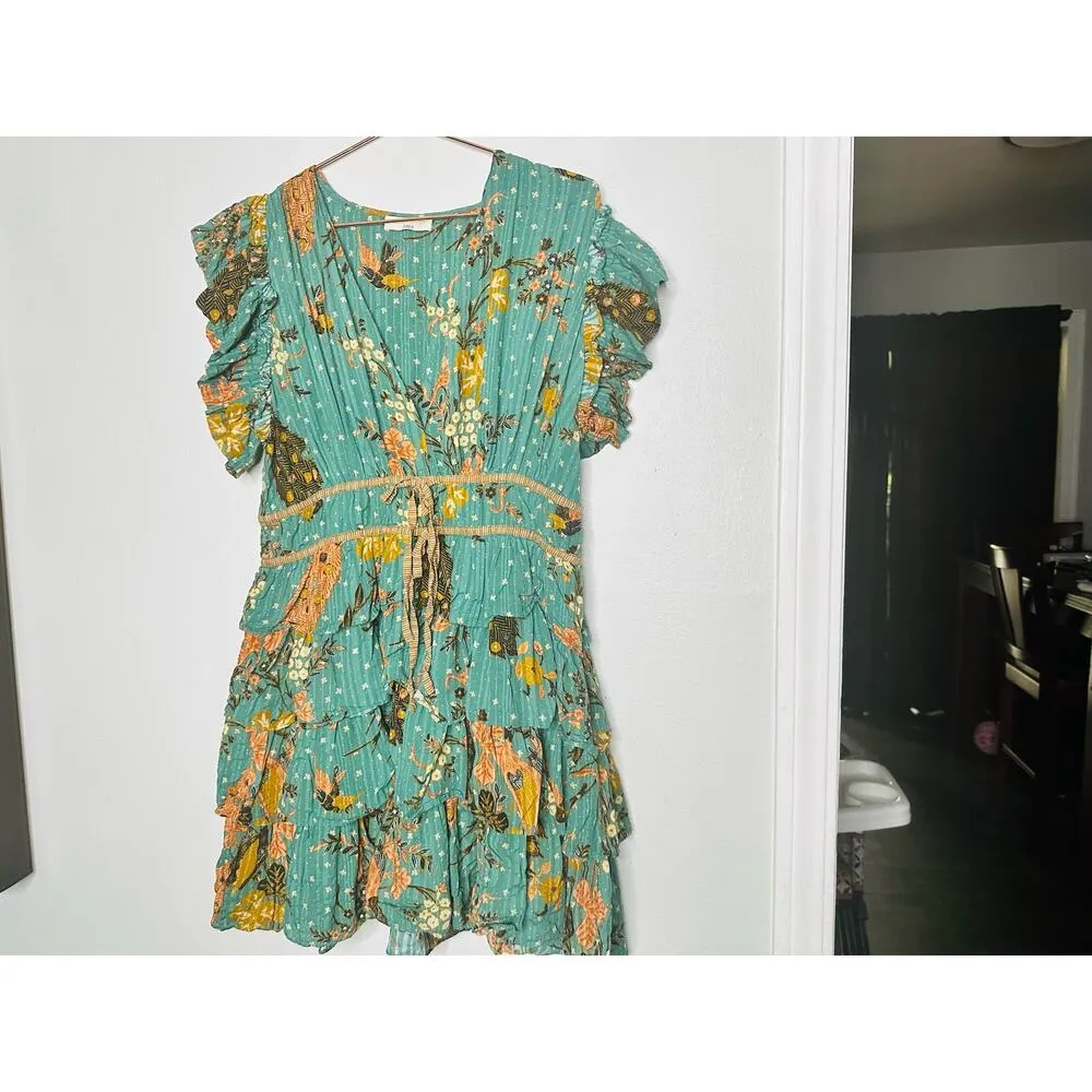 ULLA JOHNSON Marni Green Floral Ruffle Sleeves Tie Hourglass Mini Dress Size 14 - Image 6