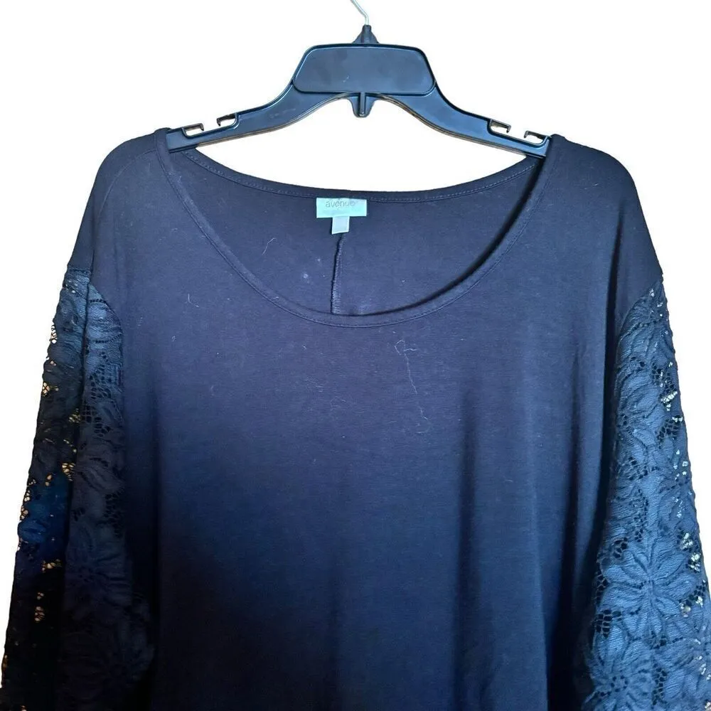 Avenue Top Women 26 28 Black Scoop Neck Lace Sleeves Stretch Asymmetrical Blouse - Image 2
