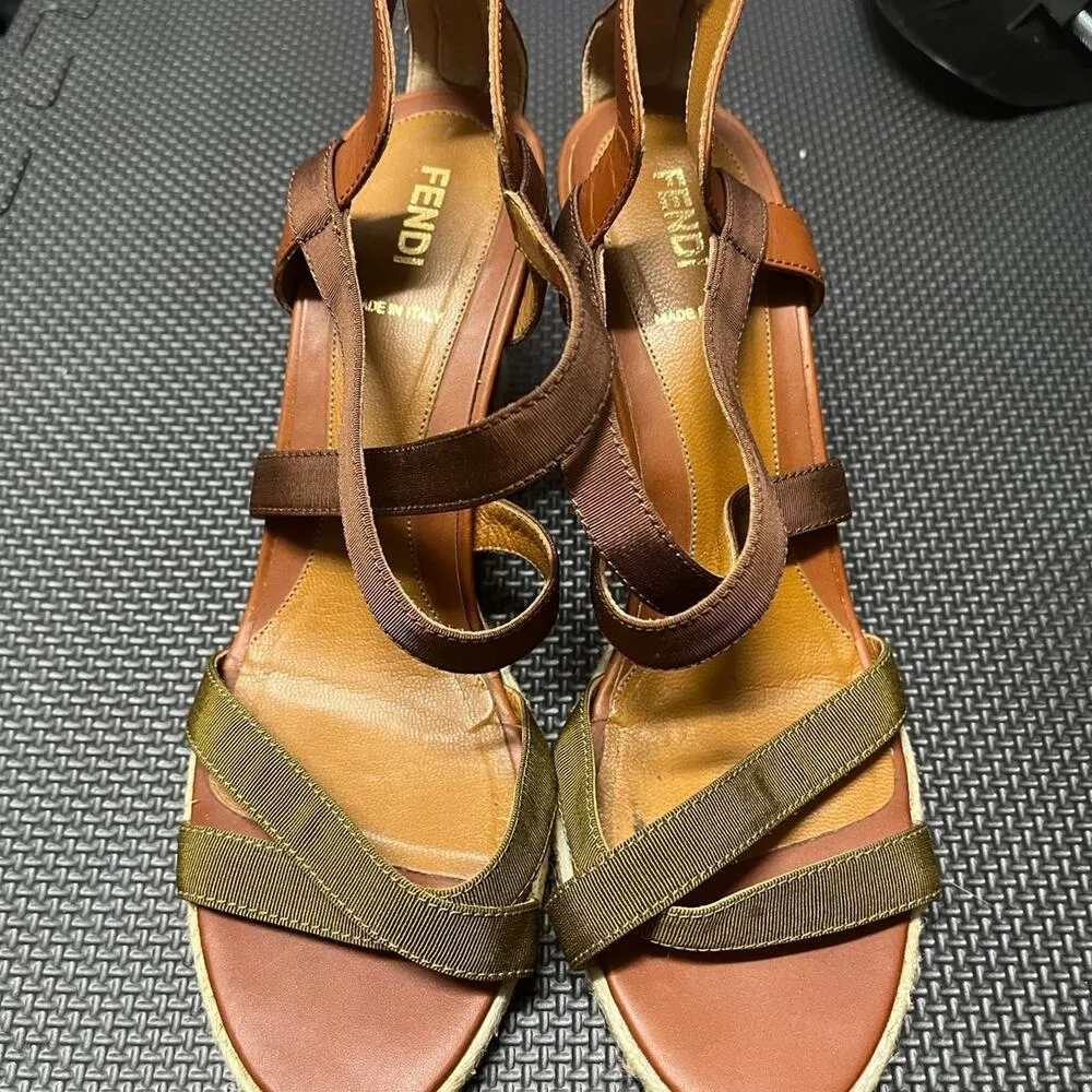 Fendi Espadrille Strappy Sandal Brown Tan Olive 38 Wedge Neutral Criss Cross - Image 2