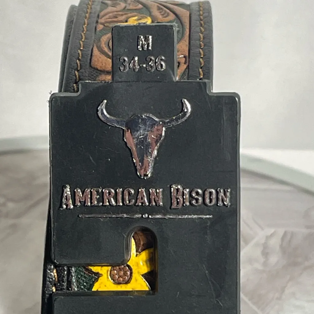 American Bison Western Leather Belt Tooled Yellow Floral Buckle Size M 34 - Image 3