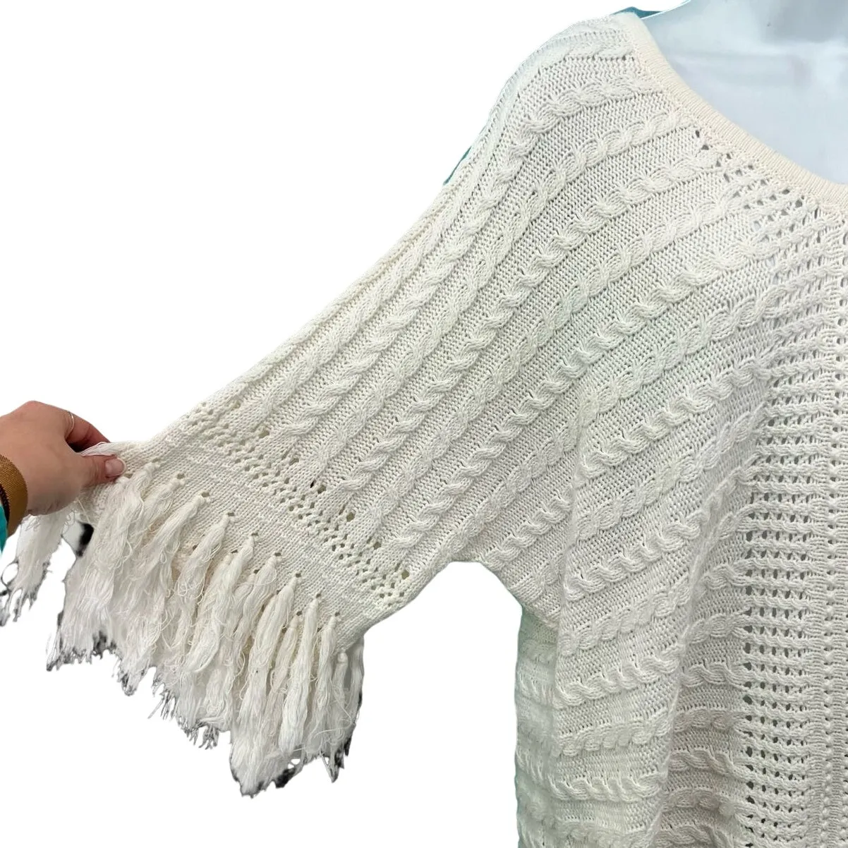 CAbi Cream Ivory Fringe Fiesta Poncho Open Knit Half Sleeve Sweater Top size M - Image 5