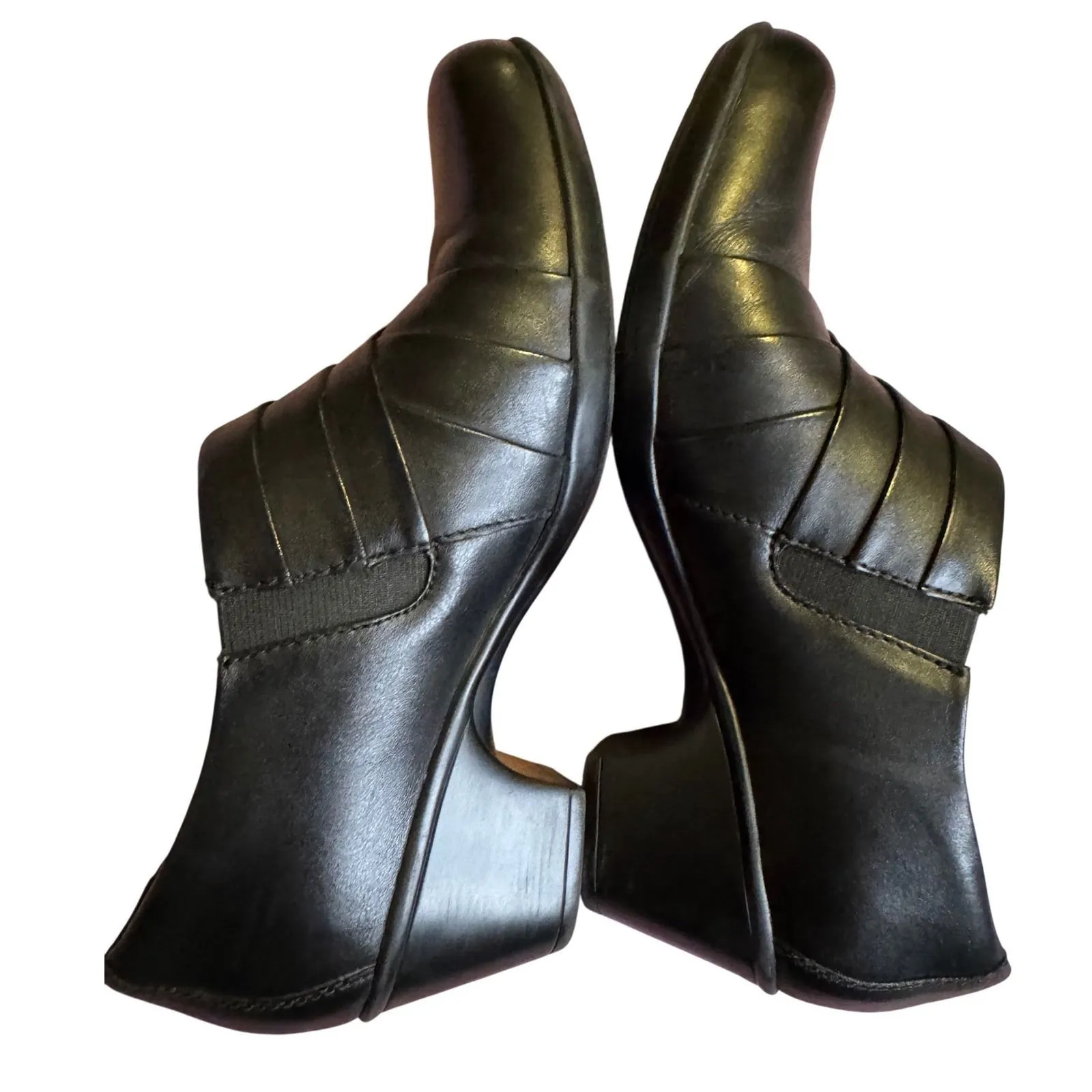 Clarks 7.5 Wide Y2K Era Black Leather Low Block Heel Slip On Comfort Clog - Image 7