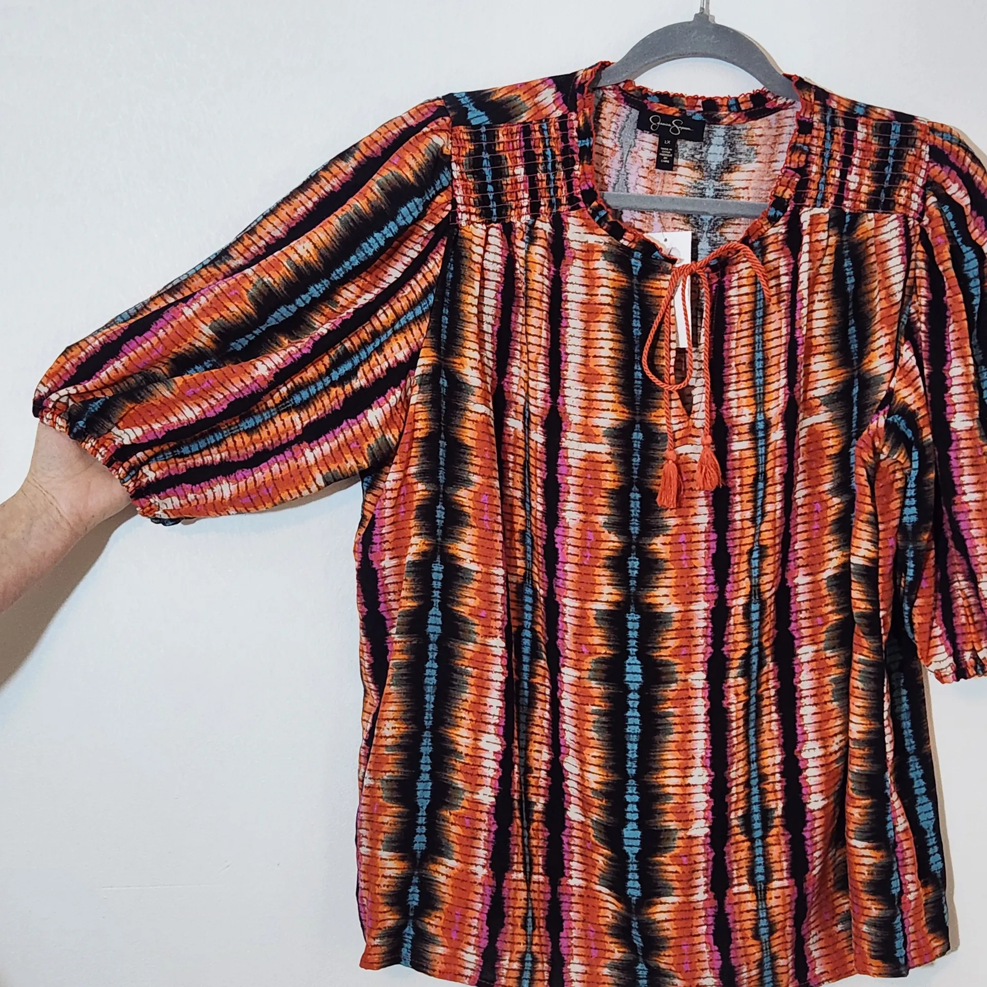 Jessica Simpson Blue and Orange Peasant Blouse with Puffy Sleeves NWT Size 1X - Image 4