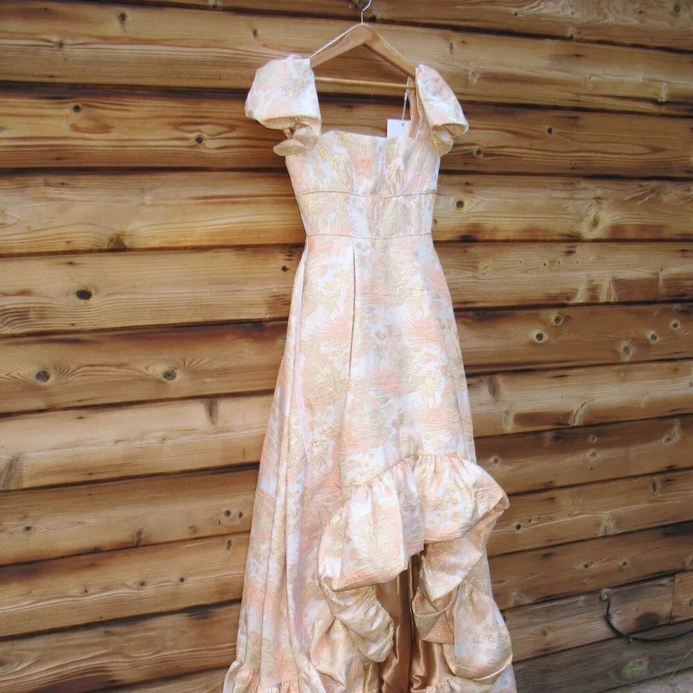 Mac Duggal 68276 Womens FLORAL PRINT PUFF SLEEVE HIGH LOW BROCADE GOWN - Image 7